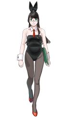 Rule 34 | 1girl, absurdres, alternate costume, animal ears, black hair, black leotard, black pantyhose, book, closed mouth, detached collar, fake animal ears, flat chest, full body, glasses, green eyes, high heels, highres, kantai collection, legs, leotard, long hair, looking at viewer, necktie, ojipon, ooyodo (kancolle), pantyhose, playboy bunny, rabbit ears, red footwear, red necktie, see-through, semi-rimless eyewear, simple background, smile, solo, standing, strap, strapless, strapless leotard, thighband pantyhose, under-rim eyewear, white background, wrist cuffs