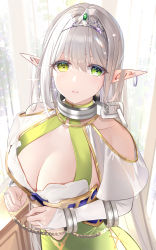 Rule 34 | 1girl, absurdres, breasts, bridal gauntlets, chain, cleavage, clothing cutout, collar, commentary request, crying, crying with eyes open, cuffs, curtains, dress, ear piercing, elf, green dress, green eyes, hair between eyes, highres, indoors, large breasts, long hair, looking at viewer, metal collar, muka tsuku, original, parted lips, piercing, pointy ears, restrained, revision, shoulder cutout, silver hair, slave, solo, tears, tiara, upper body, very long hair