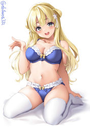 Rule 34 | 1girl, :d, blonde hair, blue bra, blue panties, blush, bra, breasts, cleavage, collarbone, commentary, double bun, ebifurya, fletcher (kancolle), frilled bra, frilled panties, frills, full body, hair bun, hair ornament, hair over shoulder, hair ribbon, highres, kantai collection, large breasts, lips, long hair, looking at viewer, midriff, navel, open mouth, panties, ribbon, ribbon panties, simple background, sitting, skindentation, smile, solo, star (symbol), star hair ornament, stomach, thighhighs, thighs, underwear, underwear only, wariza, white background, white ribbon, white thighhighs, yellow eyes, yellow ribbon