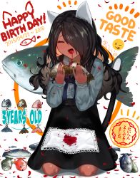 Rule 34 | 1girl, :d, animal, animal ears, black hair, black nails, blood, blood on face, blood splatter, cat ears, cat girl, cat tail, commentary, dark skin, dated, eating, english text, closed eyes, fangs, fish, floral print, food, frilled sleeves, frills, full body, hair over one eye, hands up, happy, happy birthday, holding, holding animal, holding fish, holding food, long hair, long sleeves, nail polish, napkin, natsume-same, open mouth, original, petals, seiza, sitting, skirt, smile, solo focus, sticker, suspender skirt, suspenders, tail, translated, |d