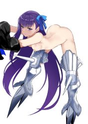 Rule 34 | 10s, 1girl, armor, armored boots, bandaid, bandaids on nipples, bent over, blue eyes, blue ribbon, boots, breasts, fate/extra, fate/extra ccc, fate/grand order, fate (series), hair ribbon, jirusu, long hair, meltryllis (fate), nude, pasties, purple hair, ribbon, simple background, solo, very long hair, white background