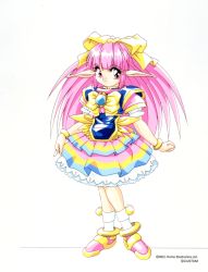 Rule 34 | 1990s (style), 1girl, bow, braid, brooch, chip-chan kick!, copyright name, copyright notice, full body, green eyes, hair bow, highres, jewelry, long hair, official art, pink eyes, pink hair, pointy ears, retro artstyle, short sleeves, simple background, smile, solo, standing, white background, yanagi hirohiko