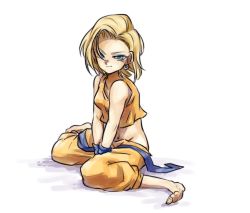 Rule 34 | 1girl, alternate costume, android 18, bare shoulders, barefoot, between legs, blonde hair, blue eyes, breasts, covering privates, crop top, dougi, dragon ball, dragonball z, earrings, feet, female focus, full body, hand between legs, jewelry, looking at viewer, midriff, navel, nude cover, on floor, orange pants, orange shirt, pants, shadow, shii no mi, shirt, short hair, simple background, sitting, sleeveless, sleeveless shirt, smile, solo, toes, wariza, white background
