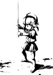 Rule 34 | 1girl, bad id, bad twitter id, closed mouth, futatsuki hisame, ghost of tsushima, gloves, greyscale, hair ornament, hairclip, hat, holding, holding sword, holding weapon, kantai collection, monochrome, name connection, neckerchief, parody, sailor collar, sandals, school uniform, serafuku, short sleeves, skirt, solo, standing, sword, thighhighs, tsushima (kancolle), weapon, zouri