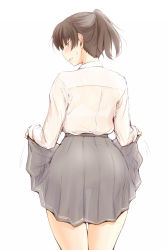 Rule 34 | 1girl, amagami, ass, blush, bralines, brown hair, clothes lift, commentary request, cowboy shot, double horizontal stripe, dress shirt, from behind, grey skirt, half-closed eyes, highres, lifting own clothes, long sleeves, looking at viewer, looking back, miniskirt, parted lips, pleated skirt, sasaki akira (ugc), school uniform, see-through, shirt, short hair, short ponytail, simple background, skirt, skirt lift, smile, solo, standing, thigh gap, tsukahara hibiki, white background, white shirt