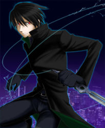 Rule 34 | 00s, 1boy, belt, black gloves, black hair, coat, darker than black, fighting stance, gloves, glowing, glowing eyes, hei (darker than black), knife, male focus, red eyes, solo, thigh strap, trench coat, weapon, wire