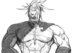 Rule 34 | 1boy, abs, angry, bara, bare pectorals, bare shoulders, biceps, fate/grand order, fate (series), greyscale, hair over one eye, highres, igote, l m00g, male focus, monochrome, muscular, muscular male, nipples, pectorals, solo, stomach, tanaka shinbei (fate)