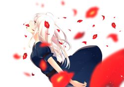 Rule 34 | 1girl, absurdres, ahoge, albino, blue dress, blurry, coughing flowers, depth of field, dress, flower in mouth, from side, highres, iwai minato, long hair, mouth hold, original, petals, profile, puffy short sleeves, puffy sleeves, red eyes, short sleeves, solo, tears, teeth, white background, white hair