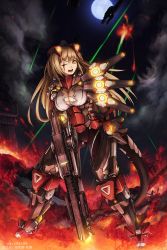 Rule 34 | 1girl, blonde hair, breasts, cyborg, explosion, fire, glowing, highres, ichiban renga, large breasts, laser, mecha musume, moon, night, one eye closed, open mouth, original, scar, solo, tail, weapon, yellow eyes