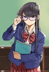Rule 34 | 1girl, adjusting eyewear, asymmetrical hair, bespectacled, black eyes, black hair, blazer, blue jacket, blurry, blurry background, book, bow, bowtie, buttoned cuffs, buttons, closed mouth, collared shirt, commentary request, diagonal-striped bow, diagonal-striped bowtie, diagonal-striped clothes, diagonal-striped skirt, empty eyes, expressionless, glasses, hair over shoulder, hand up, highres, holding, holding book, indoors, jacket, komi-san wa komyushou desu, komi shouko, lapels, long hair, long sleeves, looking at viewer, mitsugu, notched lapels, open collar, pleated skirt, purple-framed eyewear, red bow, red bowtie, red skirt, school uniform, shirt, signature, single stripe, skirt, solo, striped clothes, tsurime, upper body, white shirt