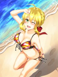 Rule 34 | 10s, 1girl, ahoge, beach, bikini, blonde hair, blush, bracelet, breasts, cleavage, day, fate/extra, fate (series), footprints, from above, front-tie bikini top, front-tie top, green eyes, highres, jewelry, looking at viewer, multicolored bikini, multicolored clothes, navel, nero claudius (fate), nero claudius (fate) (all), nero claudius (fate/extra), official alternate costume, one eye closed, open mouth, outdoors, ribbon, side-tie bikini bottom, solo, swimsuit, taisai, water