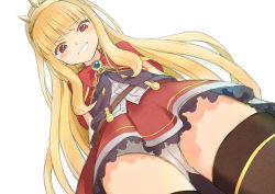 Rule 34 | 1girl, blonde hair, cagliostro (granblue fantasy), durandal (kei), female focus, from below, granblue fantasy, grin, highres, long hair, panties, pantyshot, red eyes, simple background, smile, solo, underwear, white background