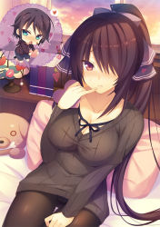 Rule 34 | 1boy, 1girl, :o, age difference, aotsu karin, bandaid, bandaid on face, bed sheet, black bow, black hair, black hoodie, black pantyhose, black ribbon, blue shorts, blush, book, bow, box, breasts, brown hair, brown sweater, cleavage, closed mouth, cloud, collarbone, commentary request, fang, fingernails, gift, gift box, green eyes, hair bow, hair over one eye, hair ribbon, heart-shaped box, high ponytail, holding, holding gift, hood, hood down, hoodie, lamp, long hair, long sleeves, medium breasts, nose blush, open mouth, original, pantyhose, pillow, ponytail, ribbon, short shorts, shorts, sitting, socks, sunset, sweater, very long hair, window
