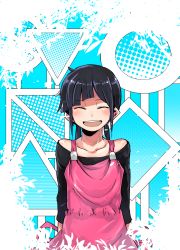 Rule 34 | 1girl, :d, ^ ^, abstract background, asahina hiyori, blue background, closed eyes, halftone, highres, kagerou project, maam. (summemixi), open mouth, polka dot, purple hair, sidelocks, smile, solo, striped, two-tone background, upper body, white background