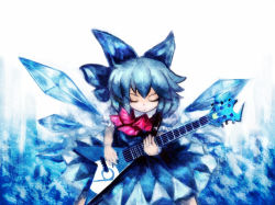 Rule 34 | 1girl, amii, bad id, bad pixiv id, circled 9, cirno, dress, female focus, gradient background, guitar, instrument, solo, touhou, white background