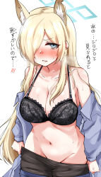 Rule 34 | 1girl, animal ear fluff, animal ears, black bra, blonde hair, blue archive, blue eyes, blue shirt, blush, bra, breasts, cleavage, clothes pull, cowboy shot, dog ears, hair over one eye, halo, highres, kanna (blue archive), large breasts, long hair, long sleeves, looking at viewer, machismo fuji, navel, nose blush, pantyhose, pantyhose pull, pulling own clothes, shirt, simple background, solo, teeth, translation request, underwear, undressing, white background