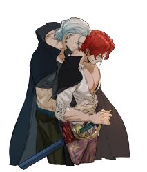 Rule 34 | 2boys, benn beckman, black cape, black shirt, cape, dress shirt, earrings, facial hair, floral print, green pants, grey hair, grin, hair slicked back, highres, holding, holding sword, holding weapon, hug, hug from behind, jewelry, looking at another, male focus, mcbuckwheat, multiple boys, one piece, pants, partially unbuttoned, pectoral cleavage, pectorals, red hair, shanks (one piece), sheath, sheathed, shirt, short hair, single earring, sleeves rolled up, smile, sword, weapon, white background, white shirt, yaoi