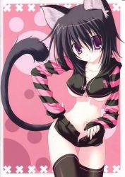 Rule 34 | 1girl, animal ears, black x pink, breasts, cat ears, cat tail, nanao naru, solo, striped, tail, thighhighs, underboob