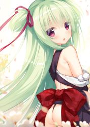 Rule 34 | 1girl, :o, ass, bare shoulders, blurry, blurry foreground, blush, bow, cariboy, commentary request, depth of field, flower, green hair, hair between eyes, hair ribbon, head tilt, long hair, looking at viewer, looking to the side, murasame (senren), parted lips, petals, red bow, red eyes, red ribbon, ribbon, senren banka, solo, two side up, very long hair, white background, white flower