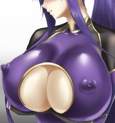 Rule 34 | 1girl, akiyama rinko, bodysuit, breast hold, breasts, cleavage cutout, close-up, clothing cutout, collarbone, covered erect nipples, highres, huge breasts, large breasts, natsume reiji, out of frame, puffy areolae, purple bodysuit, purple hair, solo, taimanin (series), taimanin suit, taimanin yukikaze