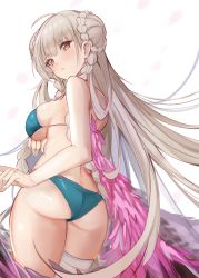 Rule 34 | 1girl, ahoge, alternate costume, arm under breasts, ass, azur lane, b b b b66, bare shoulders, bikini, blue bikini, blush, braid, braided bun, breasts, butt crack, cowboy shot, double bun, feather boa, floating hair, formidable (azur lane), formidable (the lady of the beach) (azur lane), from behind, hair between eyes, hair bun, highres, huge filesize, large breasts, legs together, long hair, looking back, mujinbensin, multi-strapped bikini bottom, parted lips, shiny skin, silver hair, simple background, single thighhigh, solo, standing, strap gap, swimsuit, thick thighs, thighhighs, thighs, twin braids, underboob, very long hair, white background, white thighhighs