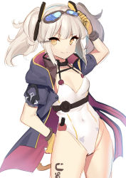 Rule 34 | 1girl, akagi kurage, azur lane, black jacket, breasts, choker, covered navel, gloves, goggles, goggles on head, highleg, highleg swimsuit, highres, hood, hood down, jacket, long hair, one-piece swimsuit, open clothes, open jacket, short sleeves, sidelocks, silver hair, simple background, small breasts, smile, solo, swimsuit, twintails, u-96 (azur lane), white one-piece swimsuit, yellow eyes, yellow gloves