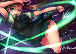 Rule 34 | 1girl, afterimage, ankle wings, boots, breasts, brown hair, green eyes, hair ribbon, huge weapon, ichigai (hayawossan), long hair, nanase (under night in-birth), narrow waist, one eye closed, reverse grip, ribbon, school uniform, skirt, solo, sweater vest, sword, thighs, twintails, under night in-birth, weapon, wings