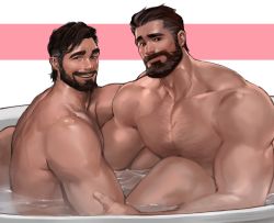 Rule 34 | 2boys, bara, bathtub, beard, chest hair, completely nude, couple, dopey (dopq), facial hair, highres, large pectorals, looking at viewer, male focus, mature male, multiple boys, muscular, muscular male, mustache, nude, original, pectorals, raised eyebrow, same-sex bathing, shared bathing, short hair, sitting, smile, thick eyebrows, yaoi