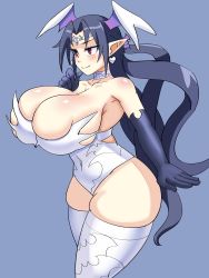 Rule 34 | 1girl, bare shoulders, black hair, blue background, blue hair, blush, breasts, choker, circlet, cleavage, commentary, covered navel, cowboy shot, curvy, disgaea, earrings, elbow gloves, gloves, head wings, heart, heart earrings, highres, huge breasts, jewelry, leotard, light smile, long hair, looking ahead, looking away, makai senki disgaea 6, melodia (disgaea), pointy ears, simple background, skindentation, solo, standing, strapless, strapless leotard, thick thighs, thighhighs, thighs, very long hair, white thighhighs, wide hips, wings, ytrall