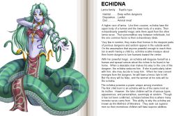 Rule 34 | 1girl, bad link, belt, blush, breasts, character profile, choker, colored skin, echidna (monster girl encyclopedia), english text, facial mark, fangs, forehead mark, green hair, hard-translated, kenkou cross, lamia, large breasts, long hair, markings, monster girl, monster girl encyclopedia, navel, official art, open mouth, pointy ears, purple skin, reptile, scales, slit pupils, snake, solo, tail, third-party edit, translated, underboob, yellow eyes