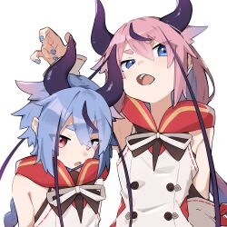 Rule 34 | 2others, arm up, armpit crease, black hair, blue eyes, blue hair, blue nails, braid, braided ponytail, commentary, detached sleeves, gradient hair, hair flaps, highres, horns, jacket, long hair, looking at viewer, meika hime, meika mikoto, multicolored hair, multiple others, open mouth, pink hair, quraqura nemii, raised eyebrow, red eyes, siblings, side-by-side, simple background, sleeveless, sleeveless jacket, streaked hair, teeth, thick eyebrows, uneven eyes, upper teeth only, upturned eyes, v-shaped eyebrows, vocaloid, white background, white jacket