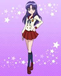 Rule 34 | 1girl, hand on own hip, happinesscharge precure!, highres, hikawa iona, loafers, long hair, long sleeves, official art, parted bangs, pikarigaoka middle school uniform, pleated skirt, precure, precure connection puzzlun, purple eyes, purple hair, red sailor collar, red skirt, sailor collar, school uniform, shoes, skirt, socks, solo, third-party source