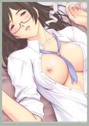 Rule 34 | 1girl, breasts, brown eyes, brown hair, glasses, holon, large breasts, lying, necktie, nipples, no bra, open clothes, open shirt, r1, real drive, shirt, sleeves rolled up, solo