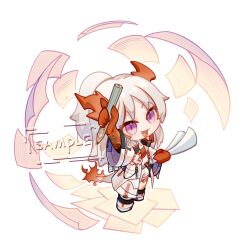 Rule 34 | 1girl, :d, absurdres, arknights, arm up, bandeau, black socks, chibi, dragon girl, dragon horns, dragon tail, fang, flame-tipped tail, full body, highres, holding, holding pen, horns, jacket, long hair, nian (arknights), open clothes, open jacket, open mouth, pen, ponytail, purple eyes, sample watermark, shoes, short shorts, shorts, simple background, smile, socks, solo, standing, tail, tuchuan, very long hair, watermark, white background, white footwear, white hair, white jacket, white shorts