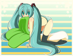 Rule 34 | 1girl, aqua eyes, aqua hair, bottomless, breasts, hatsune miku, long hair, medium breasts, panties, pillow, solo, spazzykoneko, spring onion, striped clothes, striped panties, themed object, thighhighs, topless, twintails, underwear, underwear only, vocaloid