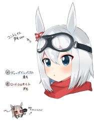 Rule 34 | 2girls, :&lt;, :d, animal ears, arrow (symbol), black hair, blue eyes, chibi, chibi inset, closed eyes, commentary request, copyright request, goggles, goggles on head, grey hair, hair between eyes, highres, holding, horse ears, multicolored hair, multiple girls, open mouth, red scarf, scarf, simple background, smile, toriumi (trmx x), translation request, two-tone hair, white background