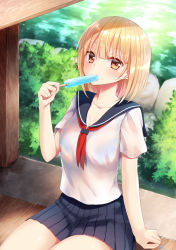 Rule 34 | 1girl, blonde hair, blue skirt, breasts, brown hair, bush, cleavage, collarbone, commentary request, day, food, highres, looking at viewer, neckerchief, original, piripun, pleated skirt, popsicle, red neckerchief, school uniform, serafuku, short hair, signature, sitting, skirt, solo, water
