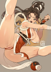 Rule 34 | arm guards, bandaged arm, bandages, breasts, brown eyes, brown hair, censored, fingerless gloves, gloves, hair ribbon, high ponytail, japanese clothes, large breasts, long hair, midair, mosaic censoring, ninja, nipples, no panties, open clothes, open mouth, pelvic curtain, poch4n, ponytail, pussy, red gloves, revealing clothes, ribbon, rope, shimenawa, shiranui mai, simple background, spread legs, the king of fighters, thick thighs, thighs, white ribbon, wide hips