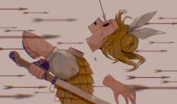 Rule 34 | 1girl, arm guards, armor, armored dress, arrow (projectile), arrow in body, arrow in head, black eyes, blonde hair, blouse, bow, commentary, cracked skin, decapitation, double bun, from side, hair bow, hair bun, haniwa (statue), highres, holding, holding sword, holding weapon, joutouguu mayumi, object through head, open mouth, puffy short sleeves, puffy sleeves, red pupils, red ribbon, ribbon, shirt, short hair, short sleeves, solo, sosei, sword, touhou, upper body, weapon, white bow, white shirt