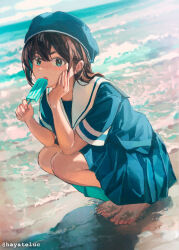 Rule 34 | 1girl, absurdres, artist name, barefoot, beach, black hair, blue eyes, blue hat, blue shirt, blue skirt, commentary, dirty, dirty feet, english commentary, food, full body, hand on own cheek, hand on own face, hat, hayateluc, highres, holding, holding food, holding popsicle, long hair, looking at viewer, ocean, original, popsicle, sailor collar, school uniform, serafuku, shirt, short sleeves, skirt, solo, squatting, summer uniform, twitter username, water, watermark, white sailor collar