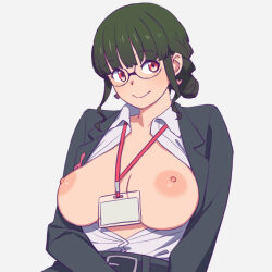 Rule 34 | 1girl, anosillus ii, belt, breasts, breasts out, buckle, collared shirt, commentary, earrings, formal, glasses, gridman universe, hair bun, heart, heart earrings, highres, id card, jewelry, lanyard, large breasts, long sleeves, looking at viewer, nipples, no bra, onsen tamago (hs egg), open clothes, open shirt, shirt, short hair, smile, solo, ssss.dynazenon, suit, upper body, white shirt