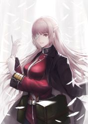 Rule 34 | 1girl, adjusting clothes, adjusting gloves, bandages, bandages over eyes, belt, belt buckle, black jacket, breasts, buckle, closed mouth, commentary request, fate/grand order, fate (series), feathers, florence nightingale (fate), florence nightingale (third ascension) (fate), gloves, hands up, highres, jacket, jacket on shoulders, long hair, looking at viewer, marumoru, medium breasts, pink hair, red eyes, red jacket, solo, very long hair, white belt, white feathers, white gloves
