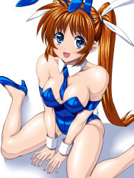 Rule 34 | 00s, 1girl, :d, animal ears, bare legs, bare shoulders, between breasts, blue eyes, blue necktie, breasts, brown hair, cleavage, cuffs, detached collar, fake animal ears, from above, hair ribbon, high heels, leotard, long hair, looking at viewer, lyrical nanoha, mahou shoujo lyrical nanoha strikers, necktie, open mouth, playboy bunny, rabbit ears, ribbon, sen (sansui), short necktie, side ponytail, sitting, smile, solo, takamachi nanoha, twintails, white background
