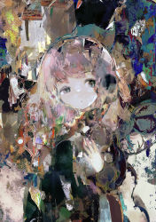 Rule 34 | 1girl, abstract, abstract background, colorful, commentary request, corded phone, grey eyes, half-closed eyes, long hair, long sleeves, looking to the side, original, phone, pink hair, sleepy, solo, surreal, talking on phone, tsukamoto anabone