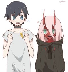 Rule 34 | 10s, 1boy, 1girl, aged down, black hair, black robe, blouse, blue eyes, chungyun high, colored skin, darling in the franxx, green eyes, grey shirt, hair between eyes, hiro (darling in the franxx), horns, long hair, pink hair, red skin, robe, shirt, short hair, simple background, standing, white background, zero two (darling in the franxx)