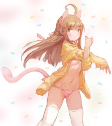 Rule 34 | 1girl, animal ears, breasts, brown hair, cat ears, cat tail, closed mouth, commentary, cowboy shot, english commentary, fake animal ears, green eyes, kuzel (bonolangje), light blush, long hair, long sleeves, looking at viewer, navel, no bra, no pants, open clothes, open shirt, original, panties, pink panties, shirt, small breasts, solo, stomach, stretching, tail, thighhighs, underboob, underwear, white background, white thighhighs, yellow shirt