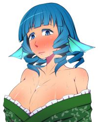 Rule 34 | 1girl, bare shoulders, blue eyes, blue hair, blunt bangs, blush, breasts, cleavage, collarbone, colored eyelashes, commentary request, drill hair, fins, full-face blush, head fins, japanese clothes, kimono, large breasts, mamedenchi, off shoulder, solo, touhou, wakasagihime, wet