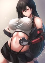 Rule 34 | 1girl, armpit peek, bare shoulders, belt, black belt, black hair, black skirt, blush, breasts, clenched hands, commentary request, cowboy shot, earrings, elbow gloves, final fantasy, final fantasy vii, final fantasy vii remake, fingerless gloves, gauntlets, glint, gloves, gradient background, grey background, groin, hair between eyes, highres, jewelry, large breasts, long hair, looking at viewer, low-tied long hair, midriff, miniskirt, navel, pleated skirt, red eyes, shirt, skirt, smile, solo, standing, suspender skirt, suspenders, tank top, taut clothes, taut shirt, tifa lockhart, tiri man, white tank top