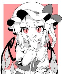 Rule 34 | 1girl, bow, commentary request, covering own mouth, crystal, flandre scarlet, frilled shirt, frilled shirt collar, frills, greyscale, hand over own mouth, hand up, hat, hat bow, highres, long sleeves, looking at viewer, medium hair, mob cap, monochrome, oninamako, open mouth, shirt, slit pupils, solo, spot color, touhou, upper body, vest, wings