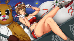Rule 34 | 10s, 1girl, animal costume, bare legs, bare shoulders, blowing kiss, bol (liliymimi), breasts, brown hair, cleavage, crescent moon, female focus, gloves, hat, headgear, heart, kantai collection, large breasts, legs, crossed legs, midriff, miniskirt, moon, mutsu (kancolle), navel, one eye closed, reindeer costume, sack, santa costume, santa hat, short hair, sitting, skirt, solo, strapless, tube top, white gloves, wink, yellow eyes
